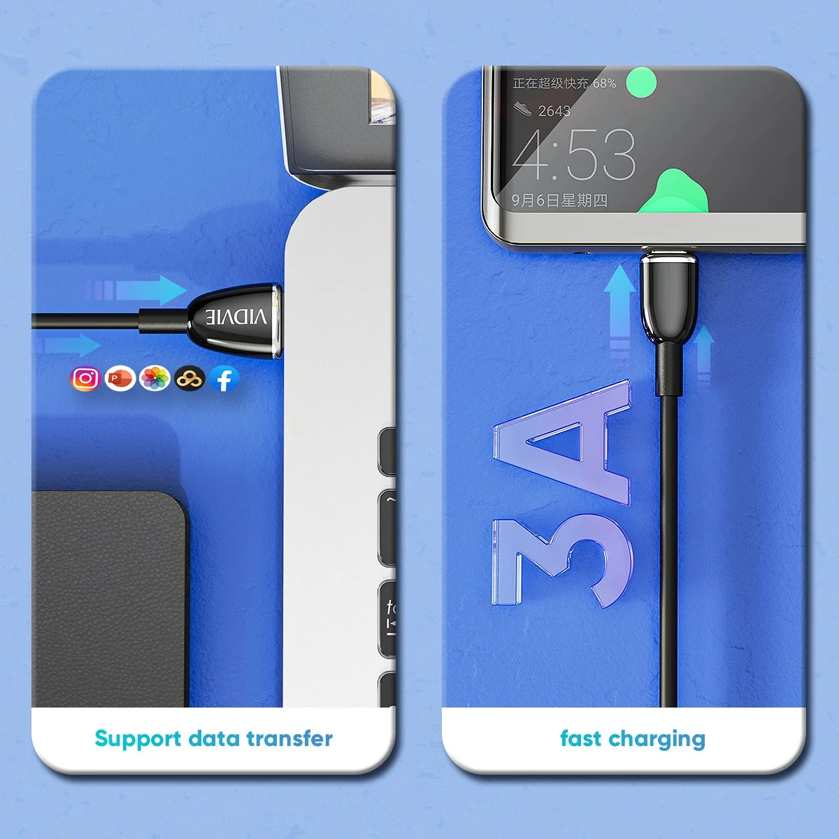 VIDVIE Kabel USB A till Micro USB - fast charge 120 CM Vit