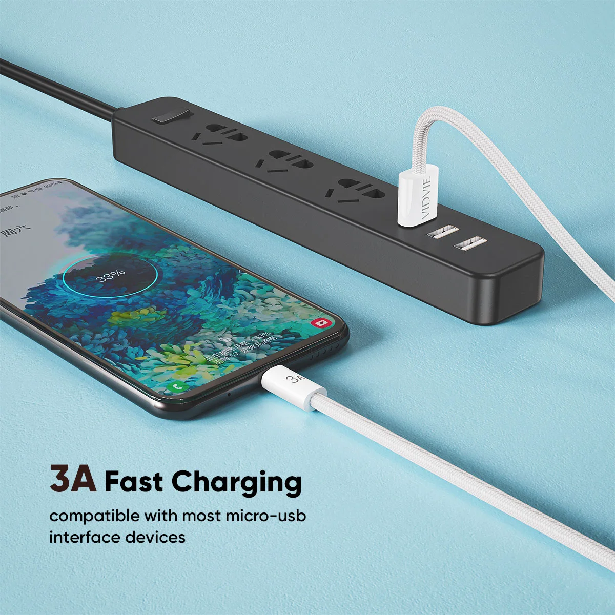 VIDVIE Kabel USB A till Micro USB - fast charge 120 CM Vit