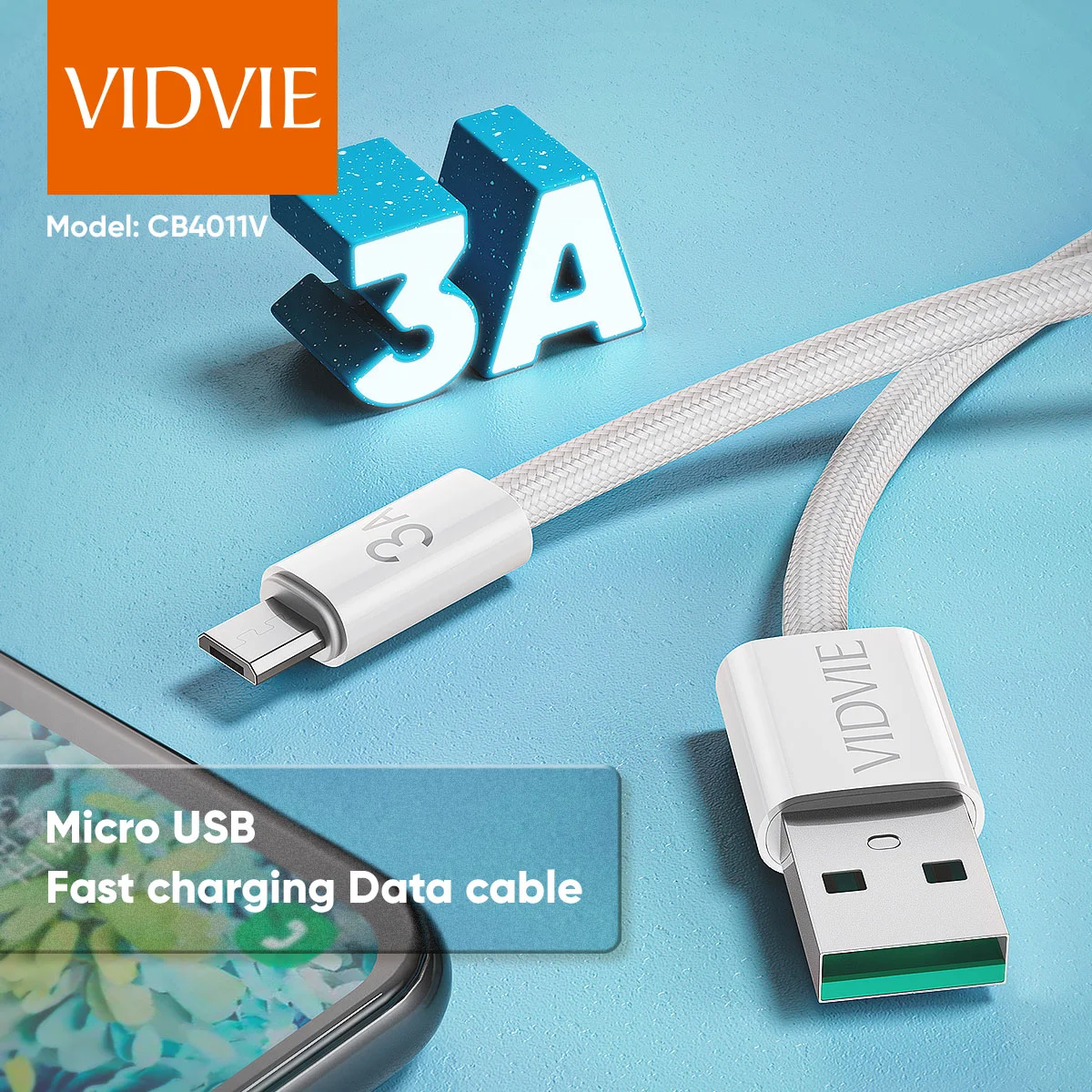 VIDVIE Kabel USB A till Micro USB - fast charge 120 CM Vit