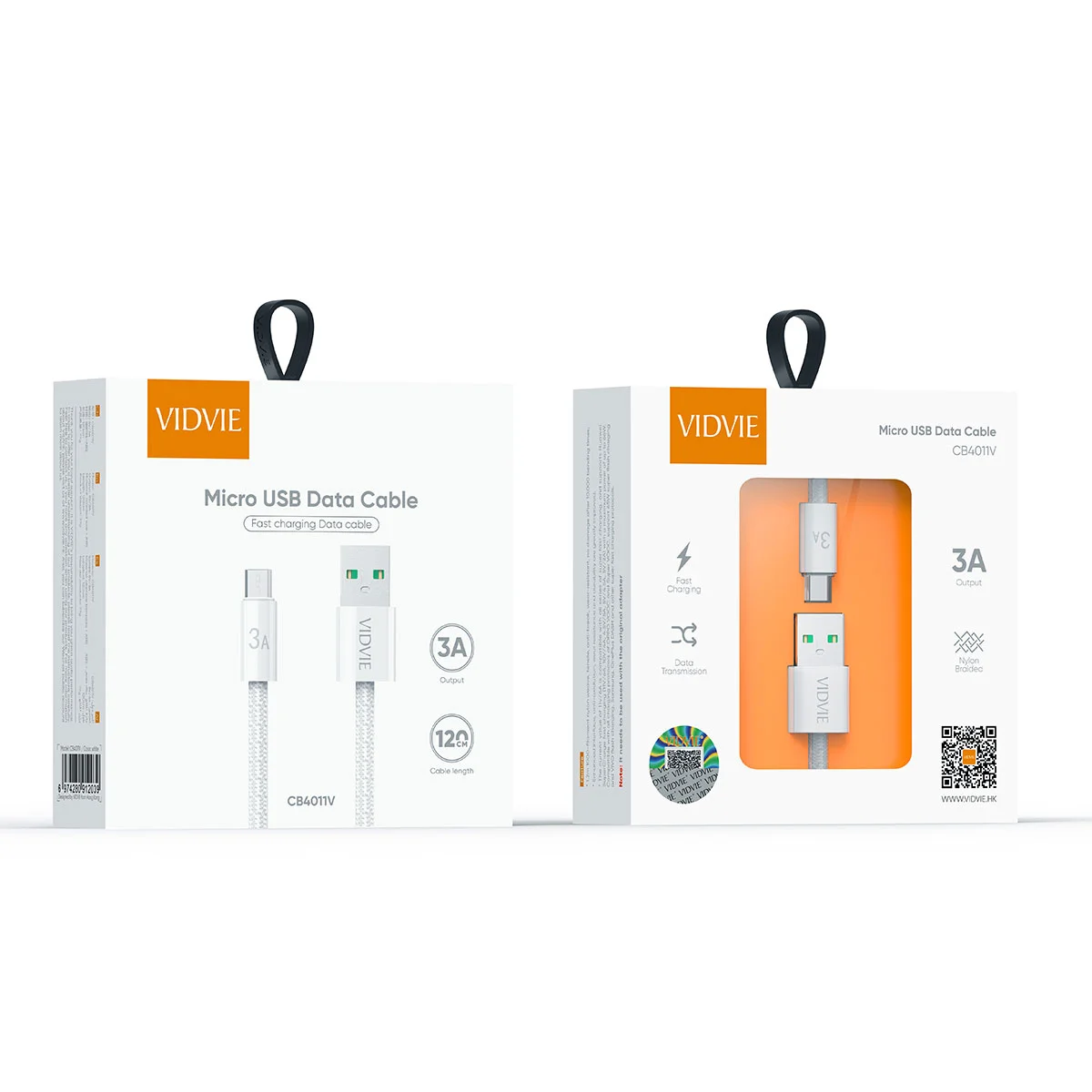 VIDVIE Kabel USB A till Micro USB - fast charge 120 CM Vit